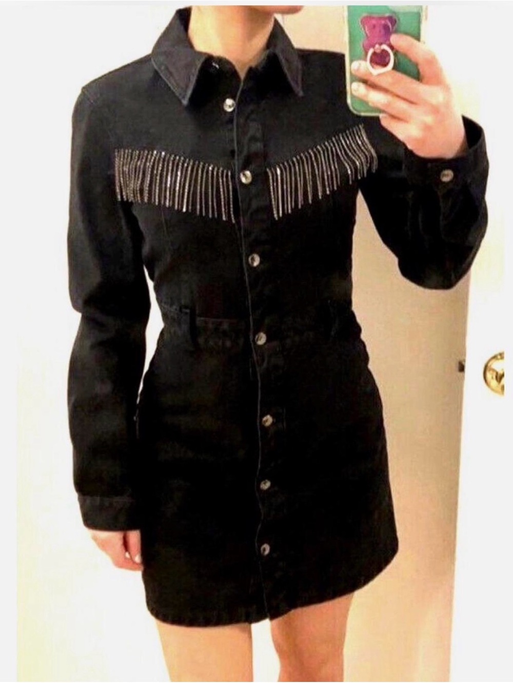 Zara Black Button-Front Dress with Silver Fringe